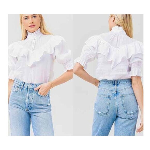 FRAME Ruffle Flounce High Neck Button Top Blouse White Size XS - Picture 1 of 5